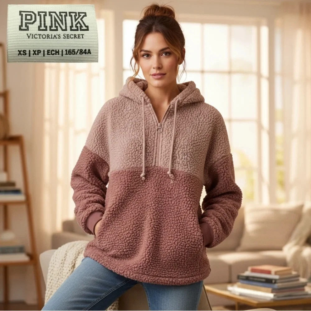 PINK VICTORIA'S SECRET Sherpa Fleece Half-Zip Hoodie Colorblock Pink XS Cozy - Picture 1 of 13